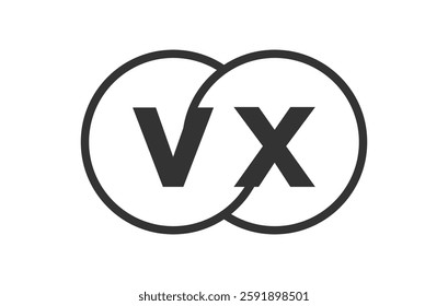 VX business company emblem with outline rounds and letters v x. Logo template of two merged circles for brand identity, logotype. Vector Infinity symbol  and technology sign.