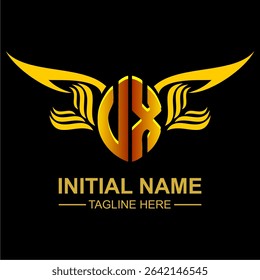 VX Golden Wing Emblem Logo with elegant gold wings, sleek and modern design. Ideal for branding, creative projects, luxury businesses, or artistic ventures.