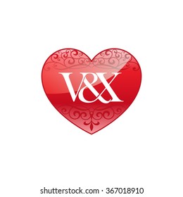 V&X initial letter logo with ornament heart shape