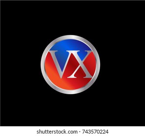 VX Letter logo Design in a circle. Blue Red and silver colored