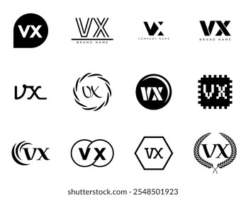 VX logo company template. Letter v and x logotype. Set different classic serif lettering and modern bold text with design elements. Initial font typography. Collection trendy business identity.