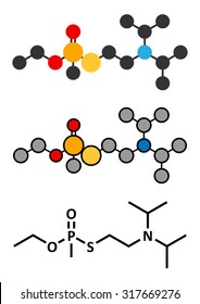 VX nerve agent molecule (chemical weapon). Stylized 2D renderings and conventional skeletal formula.