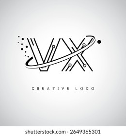 Logotipo de Monograma de Órbita VX - Marca de Letra Mínima Futurista com Linha de Arte Circular, Pontos Inspirados na Tecnologia e Conceito de Movimento Espacial para Identidade de Marca Moderna