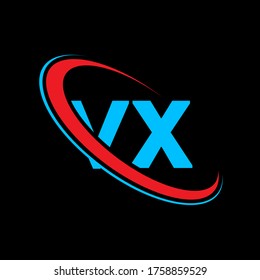 VX V X letter logo design. Initial letter VX linked circle uppercase monogram logo red and blue. VX logo, V X design. vx, v x