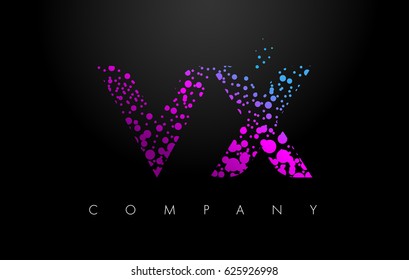 VX V X Letter Logo with Purple Blue Particles and Bubble Dots Design Vector.