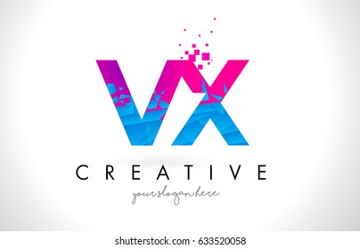 VX V X Letter Logo with Broken Shattered Blue Pink Triangles Texture Design Vector Illustration.