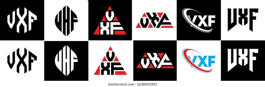 VXF letter logo design in six style. VXF polygon, circle, triangle, hexagon, flat and simple style with black and white color variation letter logo set in one artboard. VXF minimalist and classic logo