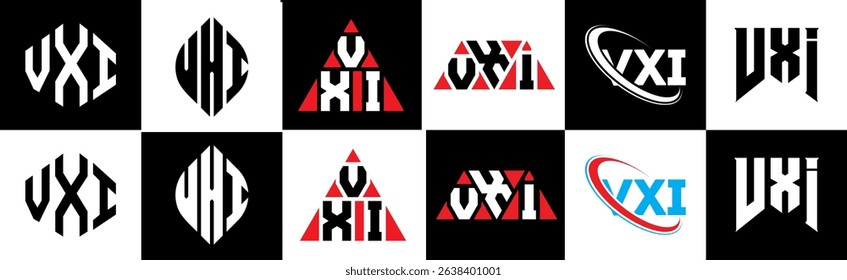 VXI letter logo design in six style. VXI polygon, circle, triangle, hexagon, flat and simple style with black and white color variation letter logo set in one artboard. VXI minimalist and classic logo