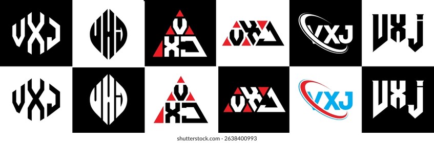 VXJ letter logo design in six style. VXJ polygon, circle, triangle, hexagon, flat and simple style with black and white color variation letter logo set in one artboard. VXJ minimalist and classic logo