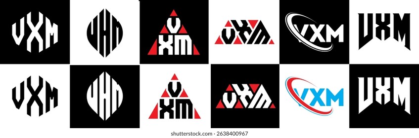 VXM letter logo design in six style. VXM polygon, circle, triangle, hexagon, flat and simple style with black and white color variation letter logo set in one artboard. VXM minimalist and classic logo