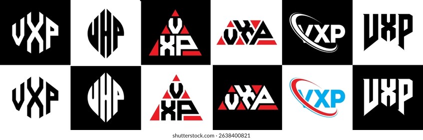 VXP letter logo design in six style. VXP polygon, circle, triangle, hexagon, flat and simple style with black and white color variation letter logo set in one artboard. VXP minimalist and classic logo