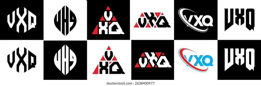 VXQ letter logo design in six style. VXQ polygon, circle, triangle, hexagon, flat and simple style with black and white color variation letter logo set in one artboard. VXQ minimalist and classic logo