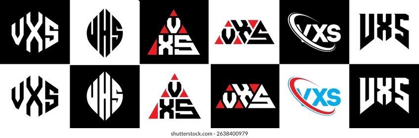 VXS letter logo design in six style. VXS polygon, circle, triangle, hexagon, flat and simple style with black and white color variation letter logo set in one artboard. VXS minimalist and classic logo