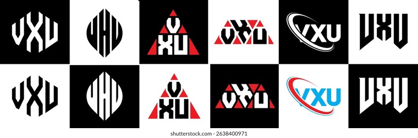 VXU letter logo design in six style. VXU polygon, circle, triangle, hexagon, flat and simple style with black and white color variation letter logo set in one artboard. VXU minimalist and classic logo