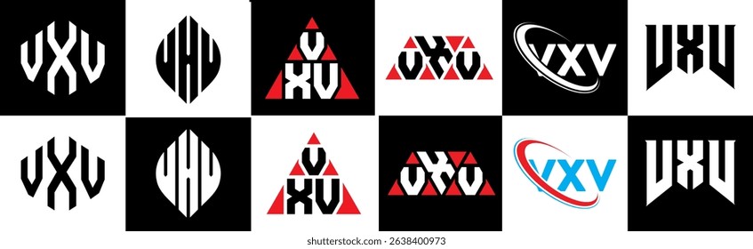 VXV letter logo design in six style. VXV polygon, circle, triangle, hexagon, flat and simple style with black and white color variation letter logo set in one artboard. VXV minimalist and classic logo