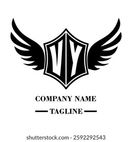 VY bold shield logo with wings, customizable with letters A to Z. Perfect for brands seeking a powerful symbol of strength, freedom, and ambition