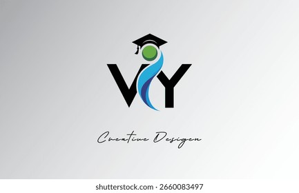 VY Creative Letter Logo mit Graduiertenkappe und abstrakter Mensch - Modernes Bildungs- und Lernsymboldesign