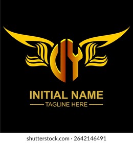 VY Golden Wing Emblem Logo with elegant gold wings, sleek and modern design. Ideal for branding, creative projects, luxury businesses, or artistic ventures.