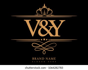 V&Y Initial logo, Ampersand initial logo gold with crown and classic pattern