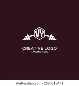VY initial monogram for fitnes or gym logo with creative shield and barbell design