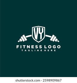 VY initial monogram for fitnes or gym logo with creative shield and barbell design