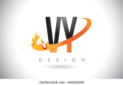 VY V Y Letter Logo Design with Fire Flames and Orange Swoosh Vector Illustration.
