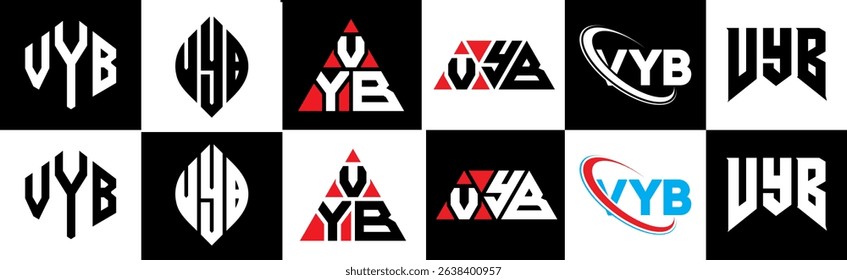 VYB letter logo design in six style. VYB polygon, circle, triangle, hexagon, flat and simple style with black and white color variation letter logo set in one artboard. VYB minimalist and classic logo