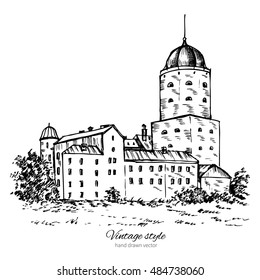 Vyborg castle, Europe, Old Swedish castle in Vyborg city, landmark Russia, Hand drawn vector ink sketch isolated on white background, vintage style, Design for travel postcard, calendar template