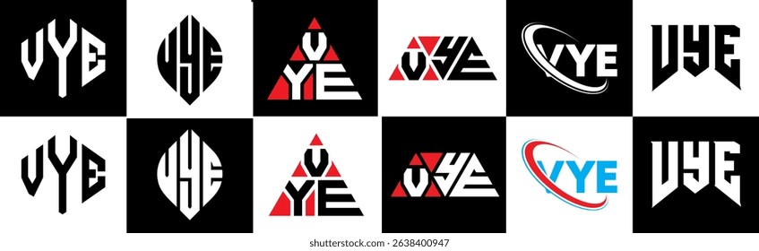 VYE letter logo design in six style. VYE polygon, circle, triangle, hexagon, flat and simple style with black and white color variation letter logo set in one artboard. VYE minimalist and classic logo