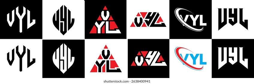 VYL letter logo design in six style. VYL polygon, circle, triangle, hexagon, flat and simple style with black and white color variation letter logo set in one artboard. VYL minimalist and classic logo