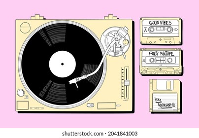 Vynil Player with Floppy and Cassette . Vector illustration