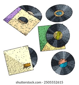 vynil Datensatz handgezeichnet. LP Album, Nadel Stift, Phonograph Wachs vynil Rekord Vektorskizze. einzelne Farbgrafik