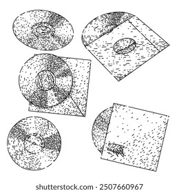 vynil Datensatz handgezeichnet. Album, Nadel Stift, Phonograph Wachs vynil Rekord Vektorskizze. einzelne schwarze Illustration