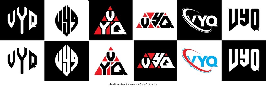 VYQ letter logo design in six style. VYQ polygon, circle, triangle, hexagon, flat and simple style with black and white color variation letter logo set in one artboard. VYQ minimalist and classic logo