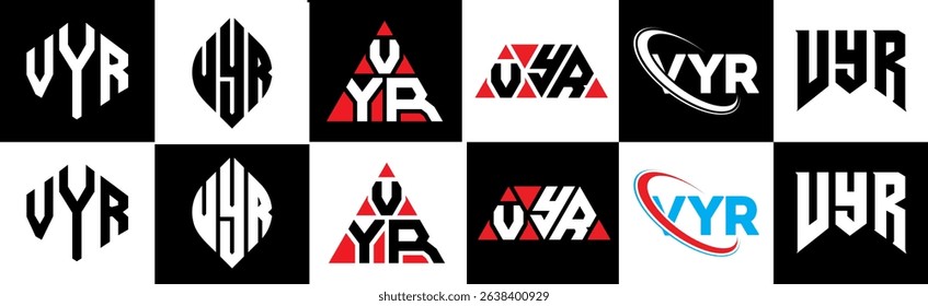VYR letter logo design in six style. VYR polygon, circle, triangle, hexagon, flat and simple style with black and white color variation letter logo set in one artboard. VYR minimalist and classic logo