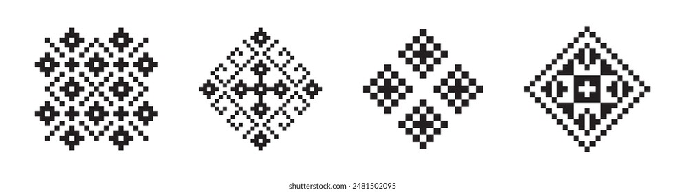 Vyshyvanka pixel pattern vector set. National embroidered textile ornament.