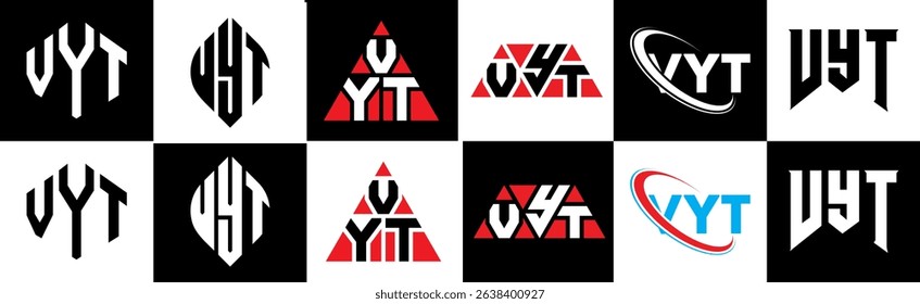 VYT letter logo design in six style. VYT polygon, circle, triangle, hexagon, flat and simple style with black and white color variation letter logo set in one artboard. VYT minimalist and classic logo