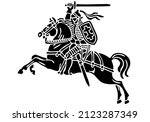 Vytis Lithuania symbol an armored rider on a horse, holding sword raised above his head in his right hand. Shield with a double cross hangs next to the rider's left shoulder.