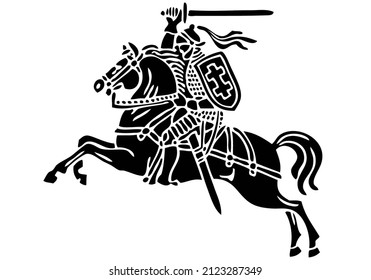 Vytis Lithuania symbol an armored rider on a horse, holding sword raised above his head in his right hand. Shield with a double cross hangs next to the rider's left shoulder.