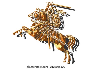 Vytis Lithuania symbol an armored rider on a horse, holding sword raised above his head in his right hand. Shield with a double cross hangs next to the rider's left shoulder. Golden color, rider horse