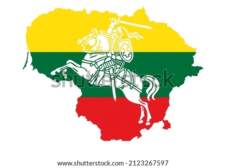 Vytis Lithuania symbol an armored rider on a horse, holding a sword raised above his head in his right hand. A shield with a double cross hangs next to the rider's left shoulder. Lithuania map, flag.