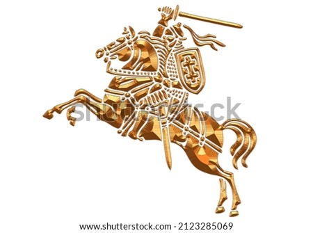 Vytis Lithuania symbol an armored rider on a horse, holding sword raised above his head in his right hand. Shield with a double cross hangs next to the rider's left shoulder. Golden color, rider horse