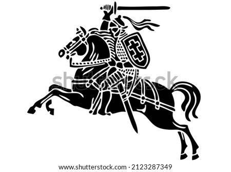 Vytis Lithuania symbol an armored rider on a horse, holding sword raised above his head in his right hand. Shield with a double cross hangs next to the rider's left shoulder.