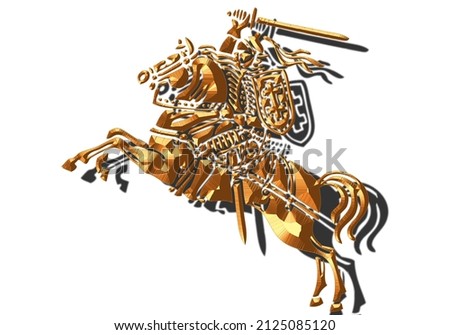 Vytis Lithuania symbol an armored rider on a horse, holding sword raised above his head in his right hand. Shield with a double cross hangs next to the rider's left shoulder. Golden color, rider horse