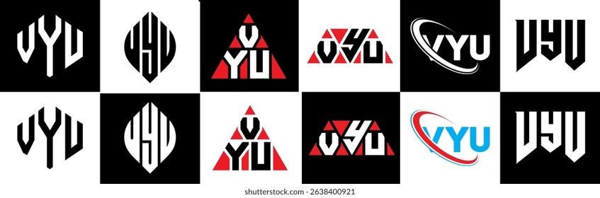 VYU letter logo design in six style. VYU polygon, circle, triangle, hexagon, flat and simple style with black and white color variation letter logo set in one artboard. VYU minimalist and classic logo