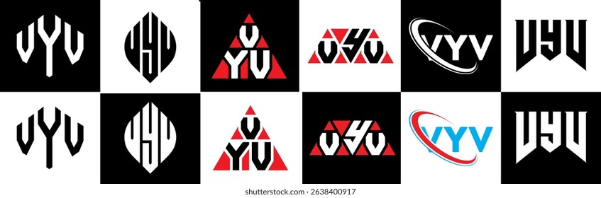VYV letter logo design in six style. VYV polygon, circle, triangle, hexagon, flat and simple style with black and white color variation letter logo set in one artboard. VYV minimalist and classic logo