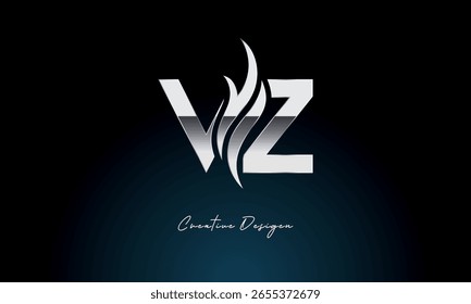 Monograma metálico atrevido del logotipo de la llama de la letra de VZ con el símbolo del fuego para la marca de Premium Chrome y la identidad visual