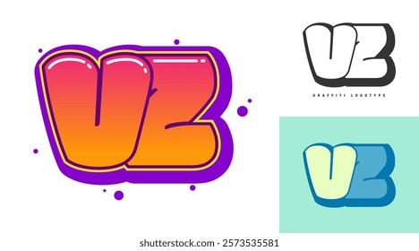 VZ logo design for festival or party. Initial letter v and z in graffiti style. Creative modern lettering company name of font typography. Kids trendy logotype or identity. Vector illustration.