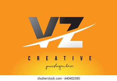 VZ V Z Letter Modern Logo Design with Swoosh Cutting the Middle Letters and Yellow Background.