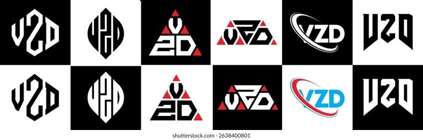 VZD letter logo design in six style. VZD polygon, circle, triangle, hexagon, flat and simple style with black and white color variation letter logo set in one artboard. VZD minimalist and classic logo